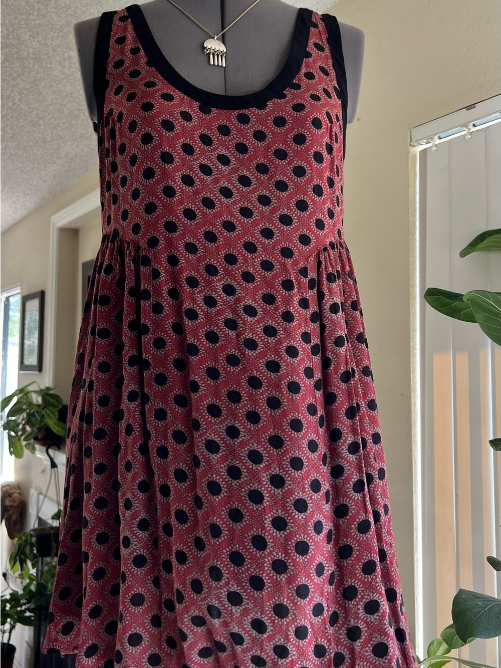 Free People Burgundy Red Polka Dot Mini Dress with Black Trim
